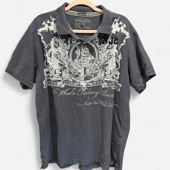 Y2K Nautica Tattoo Print 3D Distressed Oversized Short Sleeve Polo Shirt - Picture 2 of 8